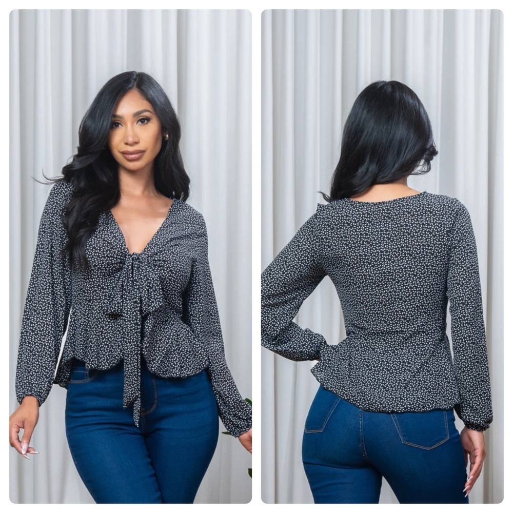 Black White V Neck Tie Front Blouse